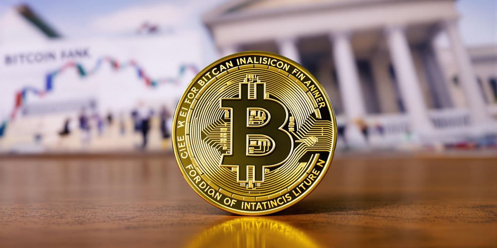 Bitcoin coin on a table with a bank in the background.