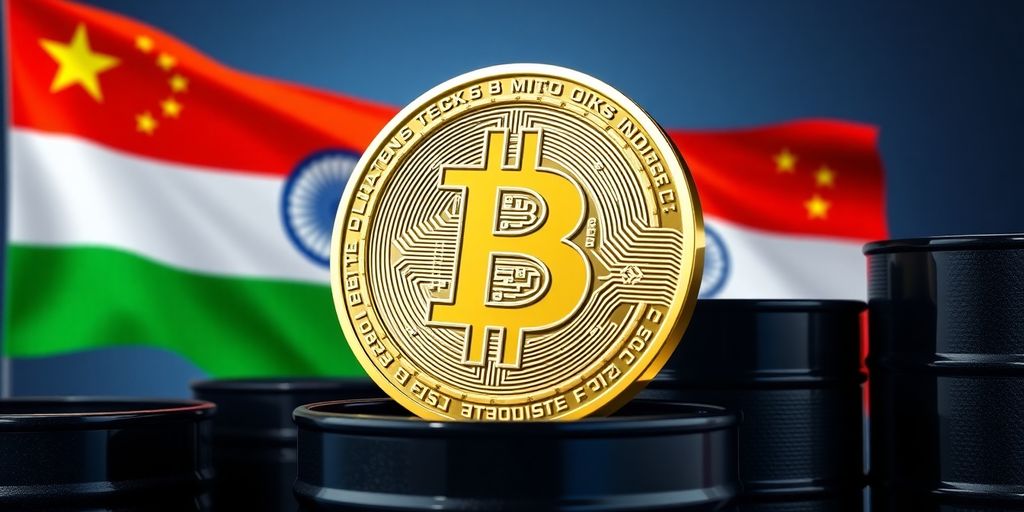 Bitcoin und Öl mit Flaggen von China und Indien.