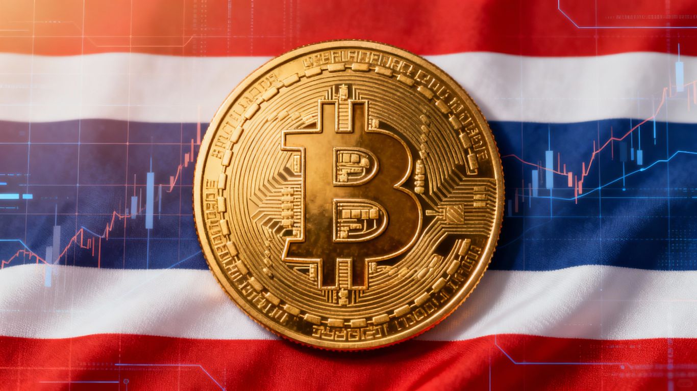 Bitcoin und thailändische Flagge mit Finanzmustern