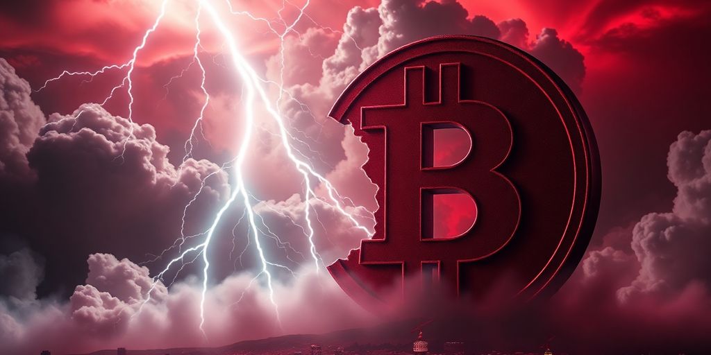 Großes, zerbrochenes Bitcoin-Symbol vor dunklen Wolken.