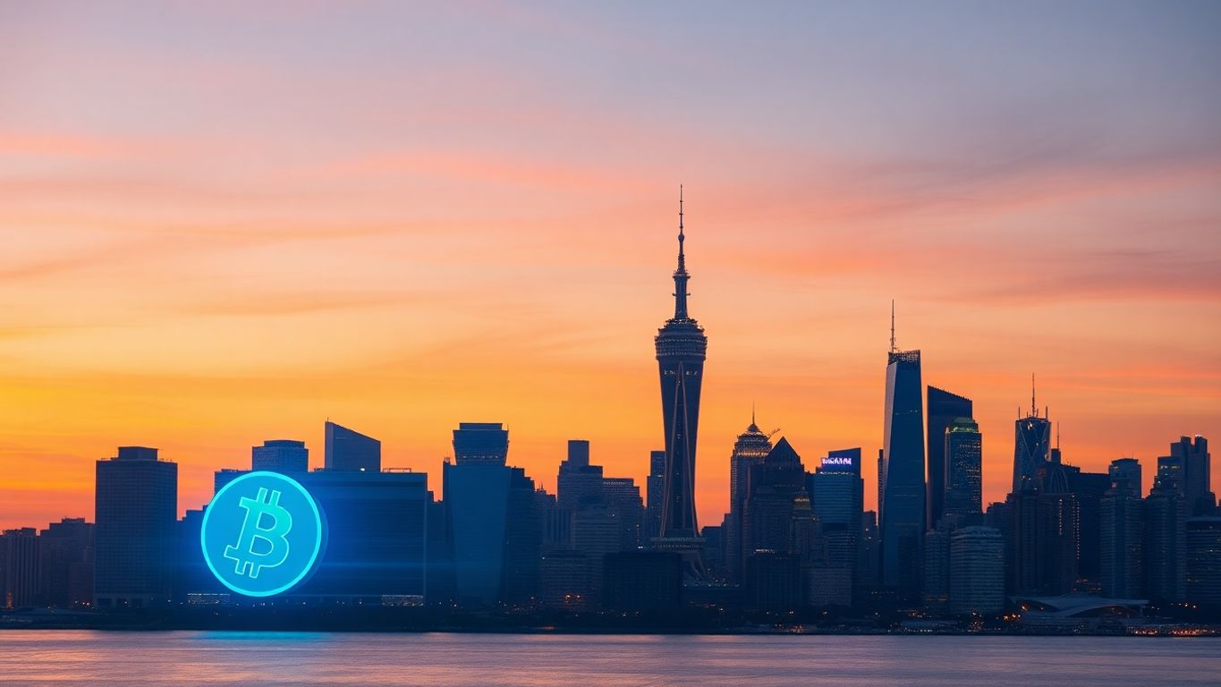 Stadtansicht mit Bitcoin-Symbolen in der Architektur.