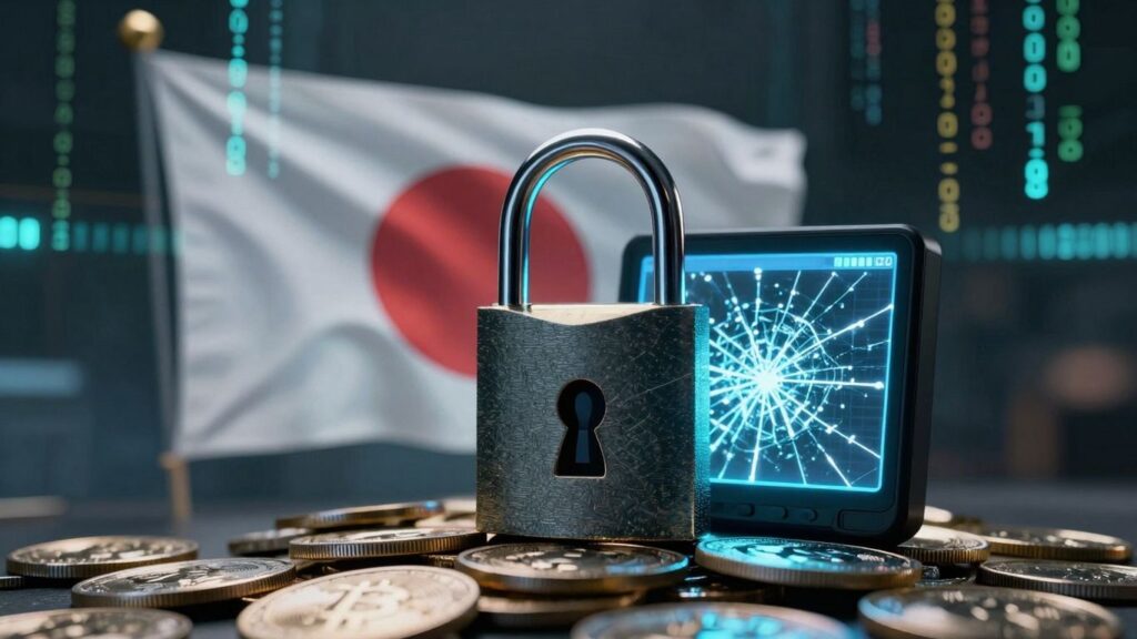Japanische Flagge und zerbrochenes digitales Schloss über Kryptowährung.