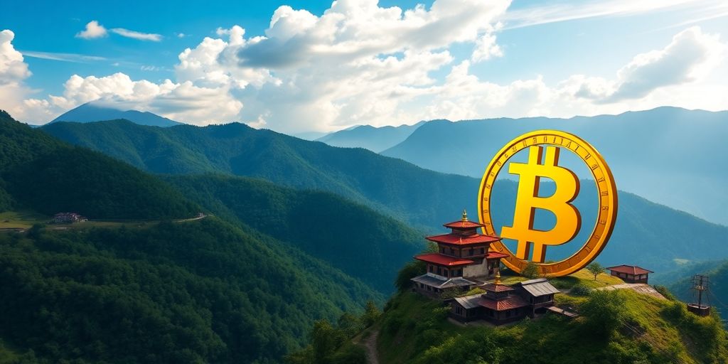 Bhutanische Landschaft mit Bitcoin-Symbol in natürlicher Umgebung.