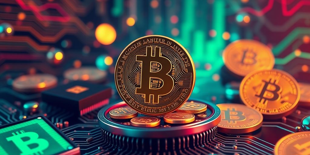Bitcoin-Symbol vor einem digitalen Hintergrund.