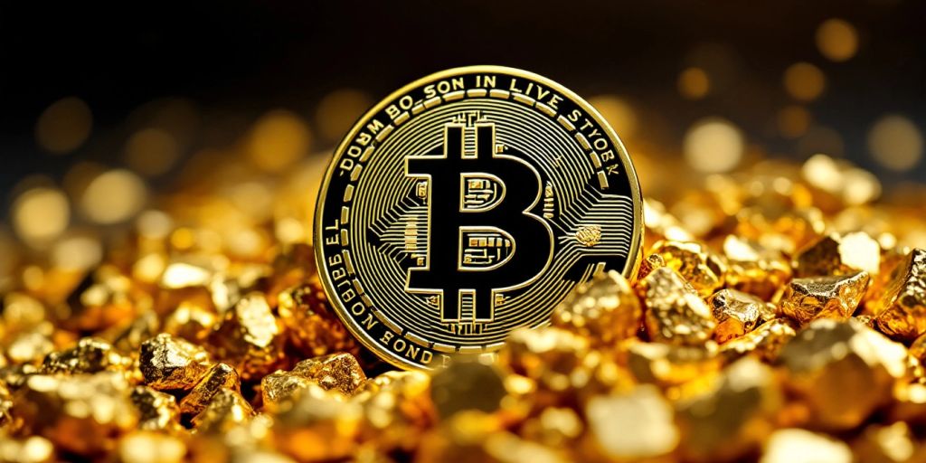 Bitcoin-Münze auf Goldnuggets.