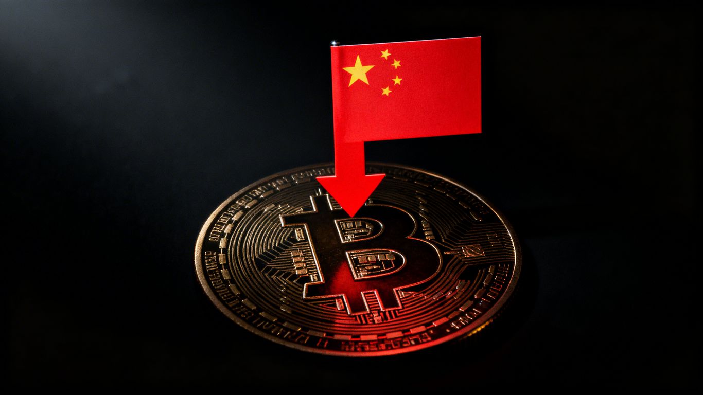 Chinesische Flagge mit fallendem Bitcoin-Symbol