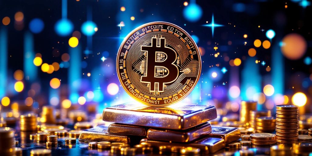 Bitcoin-Münze auf Goldbarren, moderne Technologie-Elemente.