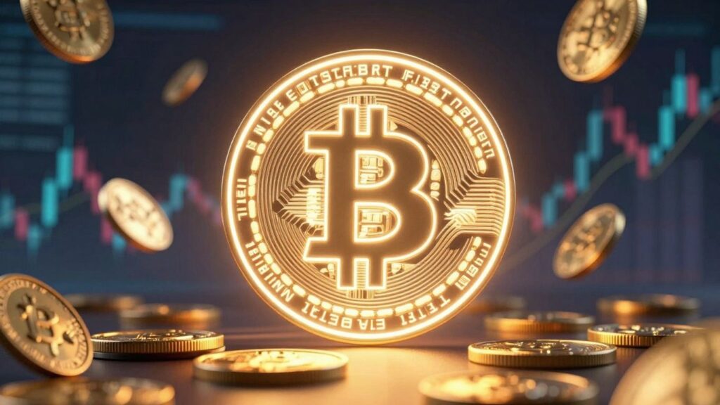 Bitcoin-Symbole mit fallenden Goldmünzen und Finanzmustern.