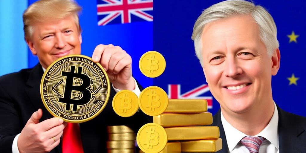 Trump, Farage, Bitcoin-Münzen, Goldbarren, Flaggen