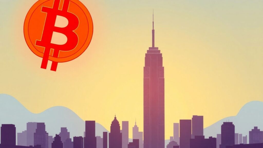 Bitcoin-Symbol über Stadtbild mit Trump Tower Silhouette