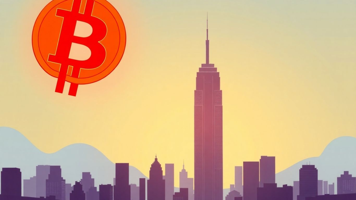 Bitcoin-Symbol über Stadtbild mit Trump Tower Silhouette