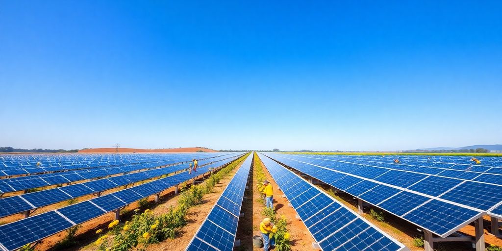 Solaranlage mit Minern und Solarpanels im Hintergrund.