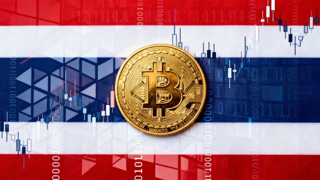 Bitcoin und thailändische Flagge mit Finanzmustern