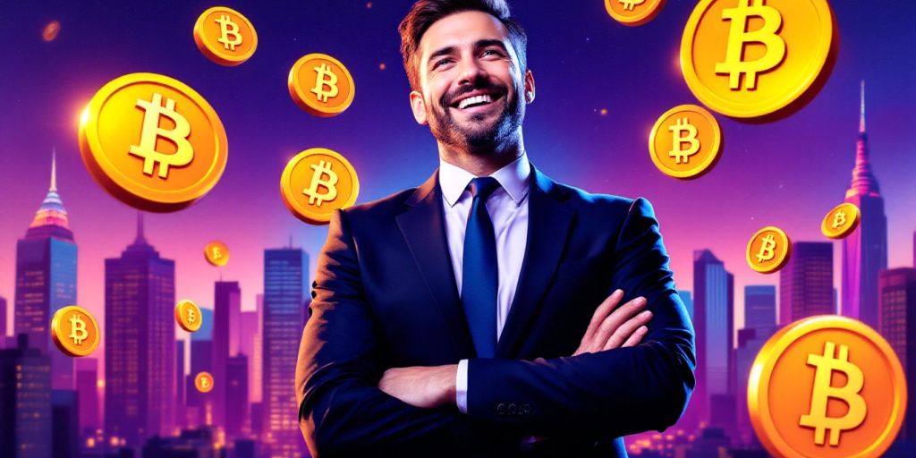 Mann im Anzug mit Bitcoin-Symbolen im Hintergrund.