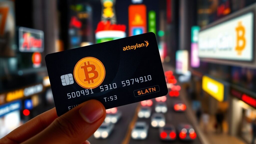 Bitcoin-Prepaidkarte mit asiatischem Stadtbild im Hintergrund.