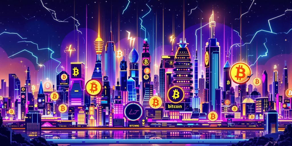 Futuristic city skyline with Bitcoin symbols and neon lights.