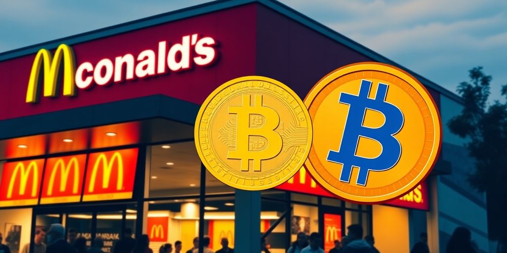 McDonald's Restaurant mit Bitcoin-Logo überlagert.
