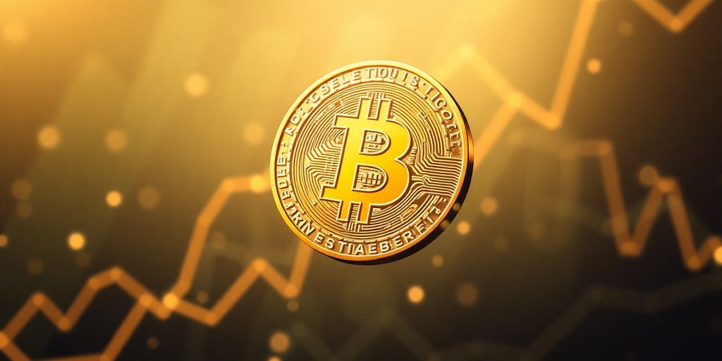 Bitcoin-Münze schwebt über Finanzwolken.