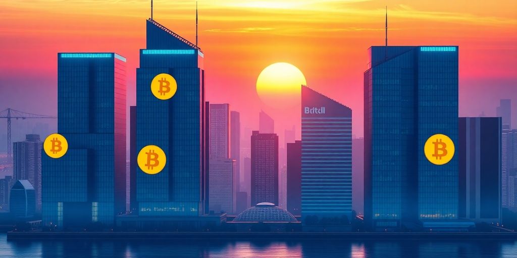 Futuristische Skyline mit Bitcoin-Symbolen in der Architektur.