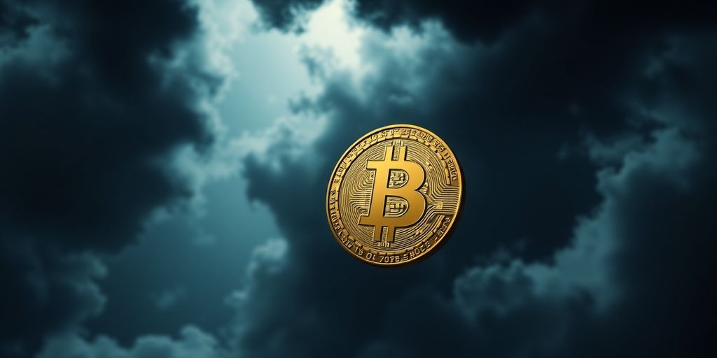 Fallender Bitcoin vor dunklem Hintergrund.