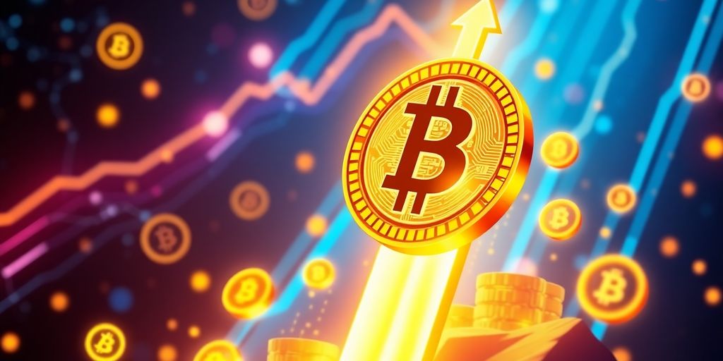 Bitcoin-Symbol auf steigendem Hintergrund mit leuchtenden Effekten.