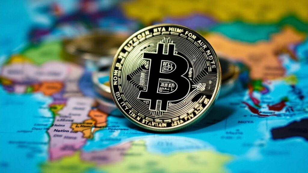 Nahaufnahme einer Bitcoin-Münze auf einer Weltkugel.