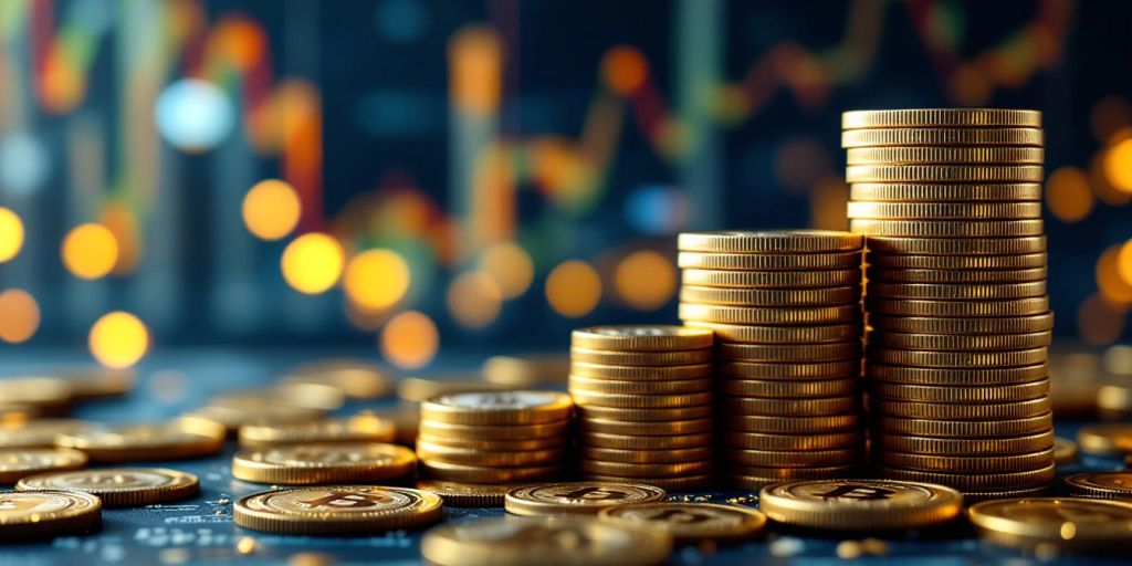 Bitcoin-Münzen vor modernem Finanzhintergrund.