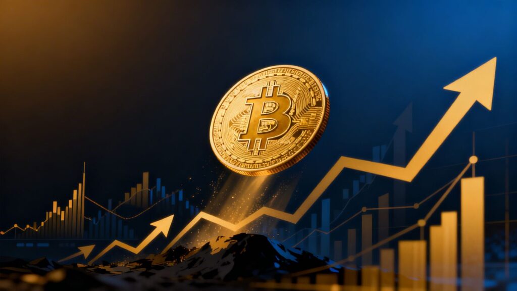 Goldener Bitcoin steigt mit Pfeilen nach oben