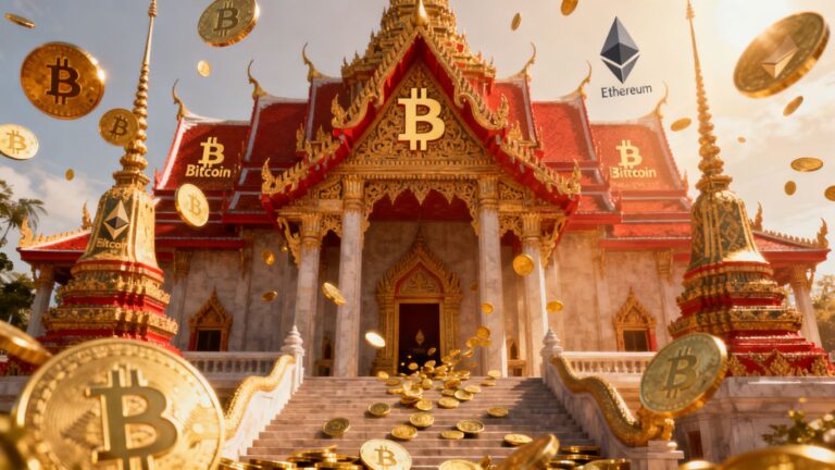 Thailändische Tempel mit Kryptowährungssymbolen