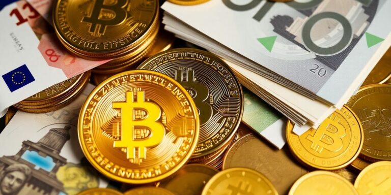 Goldmünzen, Euro und Bitcoin-Münzen schweben zusammen.