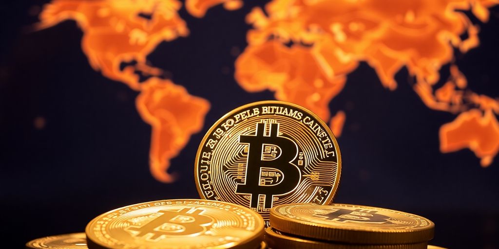 Glänzende Bitcoin-Münzen, globale Landkarte