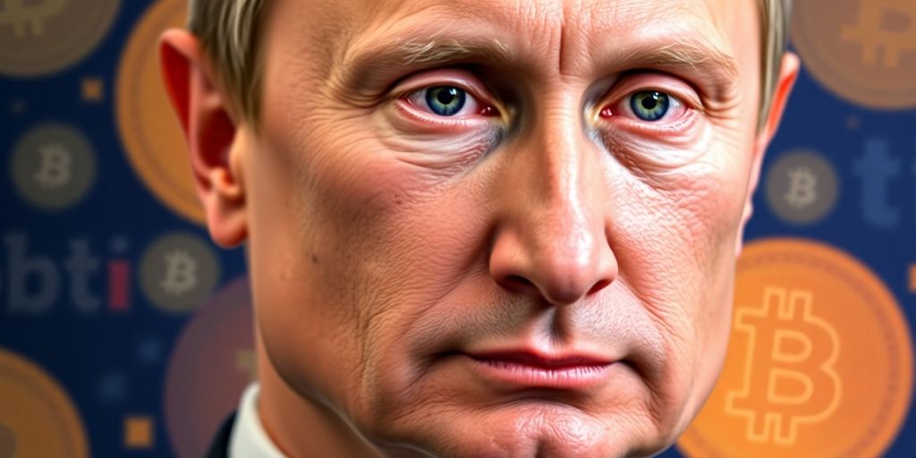 Putin mit ernstem Gesichtsausdruck vor digitalen Währungsymbolen.