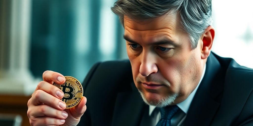 Zentralbankchef betrachtet eine Bitcoin-Münze nachdenklich.