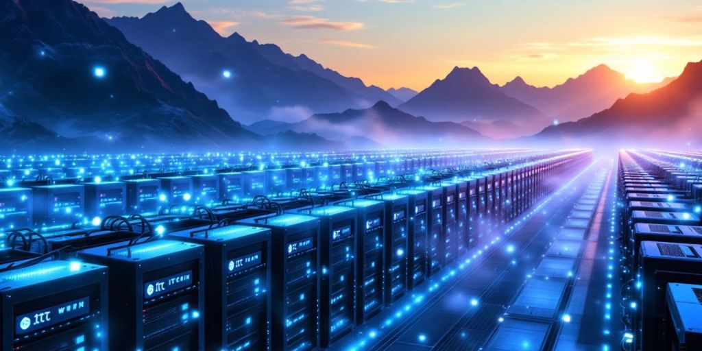 Bitcoin-Mining-Anlage mit leuchtenden Rigs und Bergen.