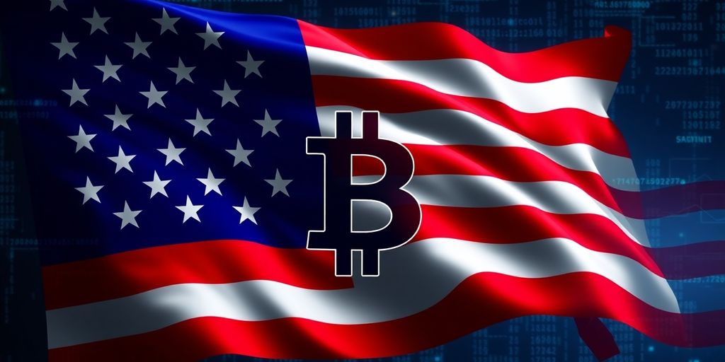 Amerikanische Flagge neben Bitcoin-Symbol auf digitalem Hintergrund