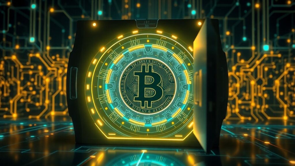 Bitcoin-Münze mit digitalen Sicherheitsschichten und Knoten im Hintergrund