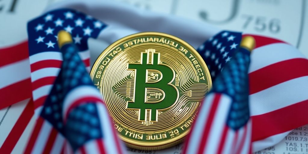 Bitcoin-Münze vor amerikanischen Flaggen auf einem Tisch.