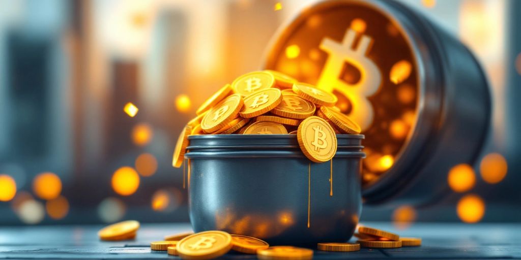 Überfließende Bitcoin-Münzen aus Behälter in Stadtumgebung.