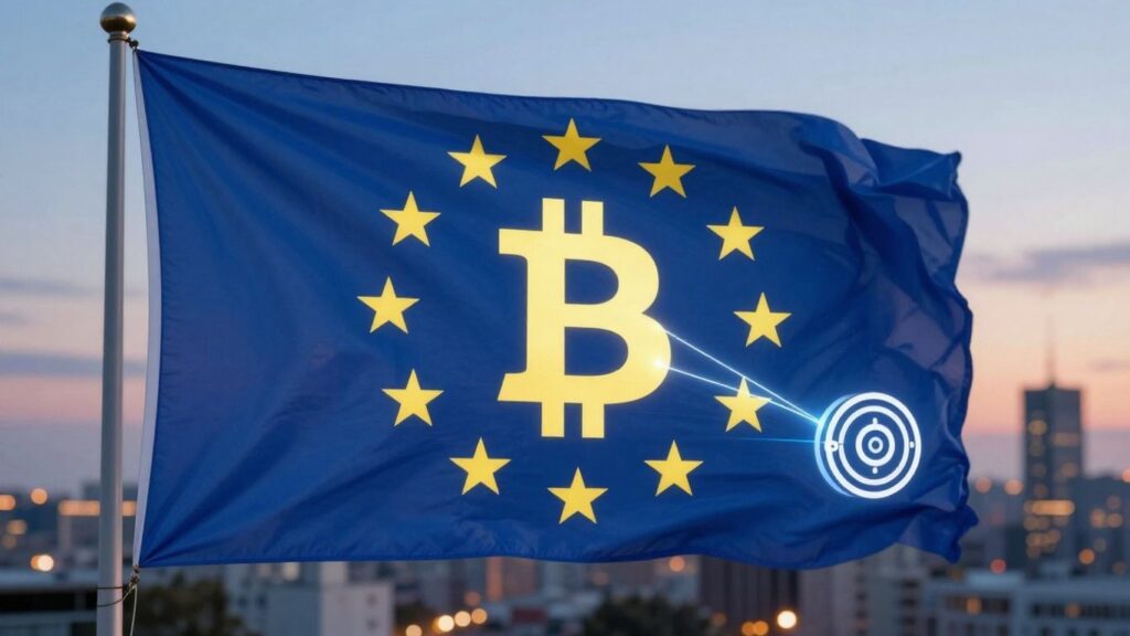 Bitcoin und EU-Flagge mit Tresor-Symbol