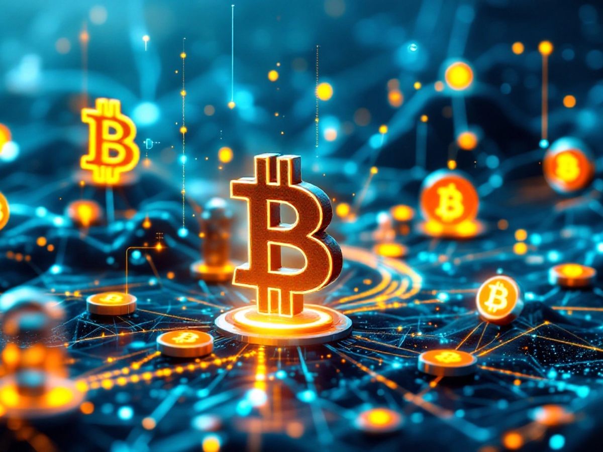 Futuristische digitale Landschaft mit Bitcoin-Symbolen.