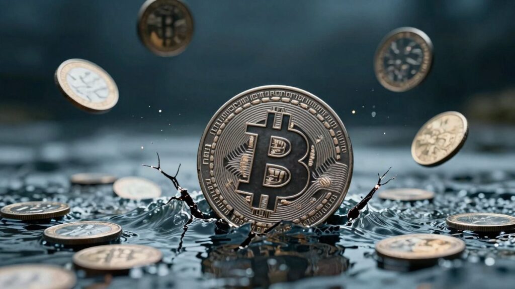 Bitcoin-Symbol unter Wasser mit Rissen und verstreuten Münzen.