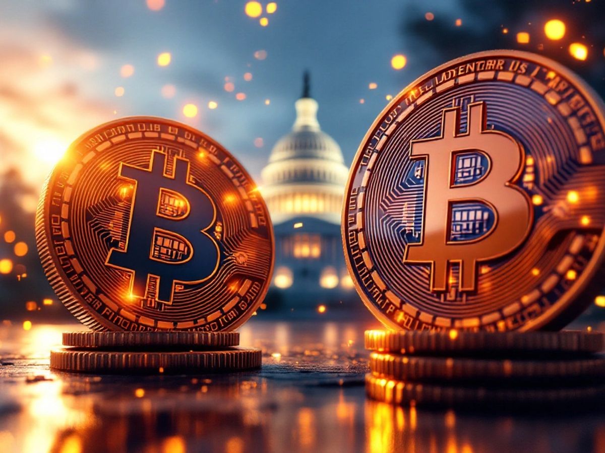 Bitcoin-Münzen vor dem US-Kapitolsgebäude.