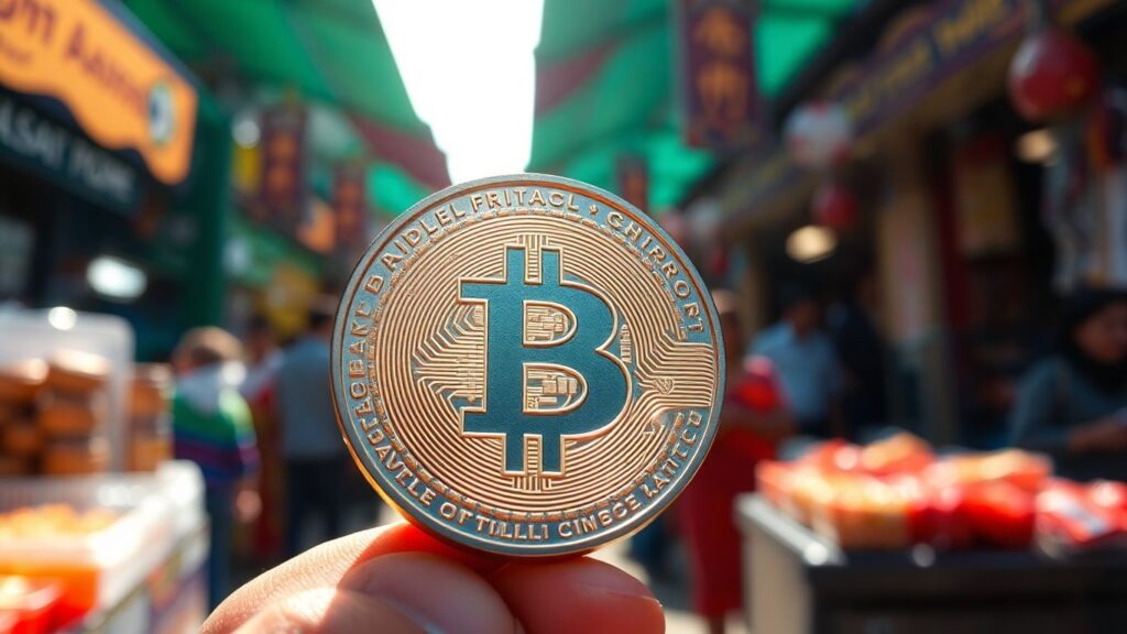 Bitcoin Münze in einem geschäftigen Marktumfeld.