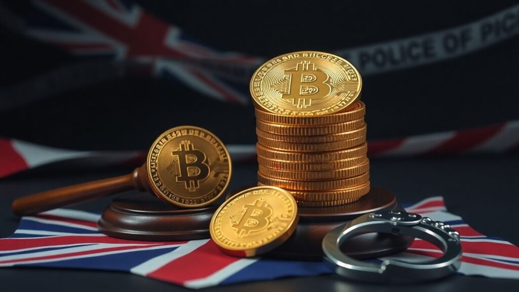 Bitcoin, Handschellen und Richterhammer vor britischer Flagge