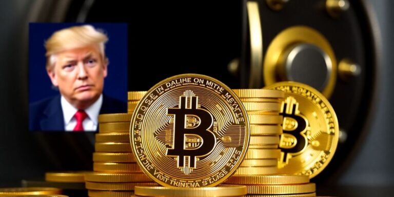 Trump, Bitcoin-Münzen, starker Tresor