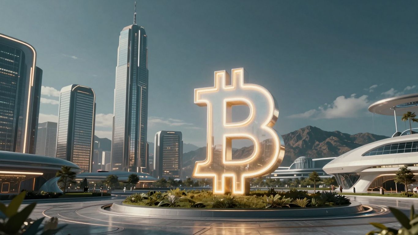 Bhutanische Mega-Stadt mit Bitcoin-Symbol und Bergen