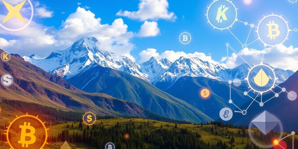Kirgistan Landschaft mit digitalen Kryptowährungs-Symbolen.