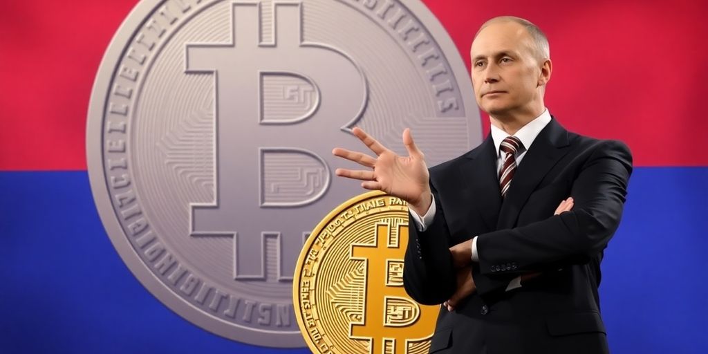 Russischer Abgeordneter mit Bitcoin-Symbol im Hintergrund.