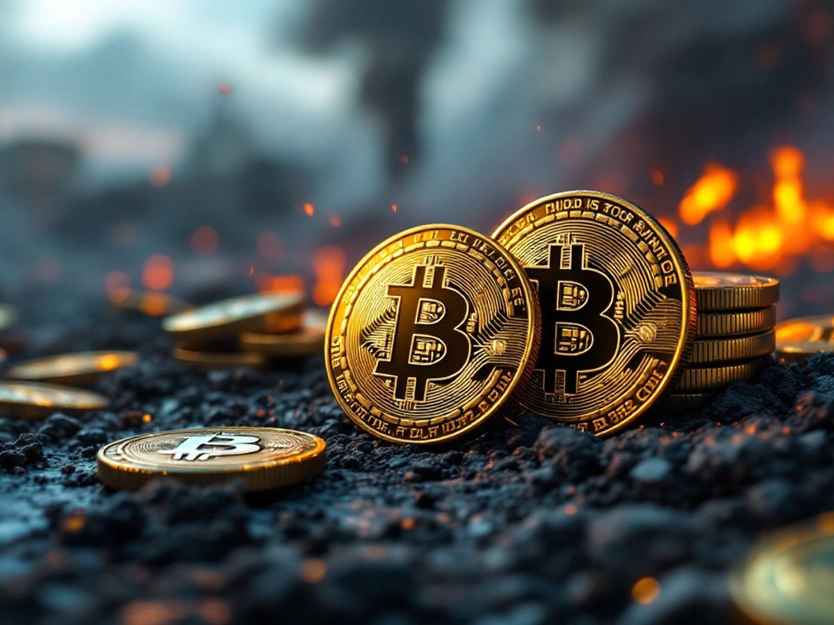 Bitcoin-Münzen vor einem Konflikthintergrund in Gaza.