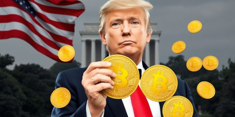 Trump und Bitcoin-Münzen, USA-Flagge